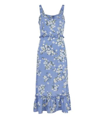 Blue Floral Strappy Tiered Midi Dress ...